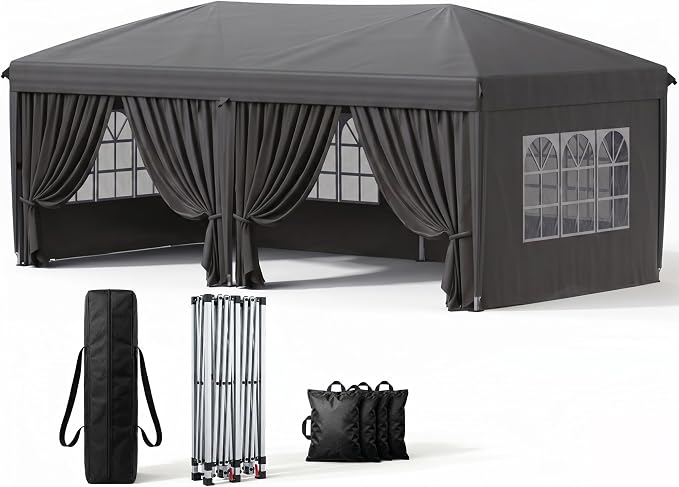 10x20 Pop Up Canopy with Sidewalls, Instant Tent with Carry Bag, Sandbags, Height Adjustable Waterproof Outdoor Canopy, Outdoor Canopy for Events, Camping, Parties (Grey)