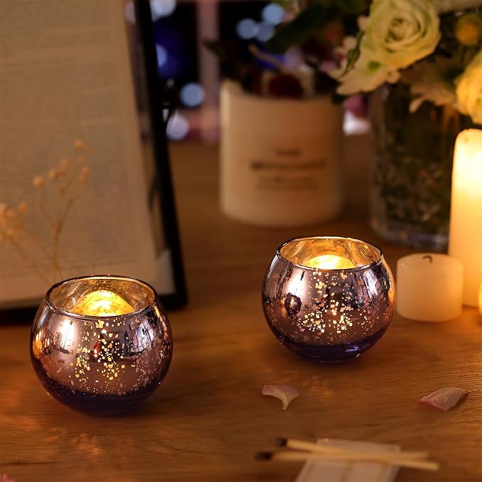 Volens Round Purple Votive Candle Holders Set of 12, Purple Wedding Centerpiece Table Decorations, Mercury Glass Tealight Candle Holder for Bridal Shower, Baby Shower & Home Decor