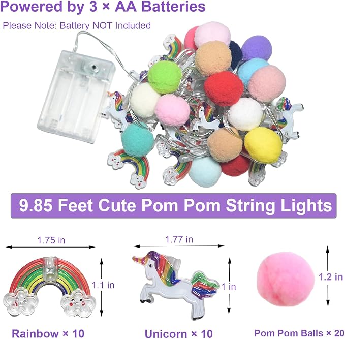 9.85 Ft Pom Pom Unicorn Rainbow String Lights, Colorful 20 LED Battery Operated Fairy Lights with Timer & 8 Flash Modes, Cute Kids Bedroom Decor Lights, Kawaii Unicorn Gifts for Toddler Teen Girls