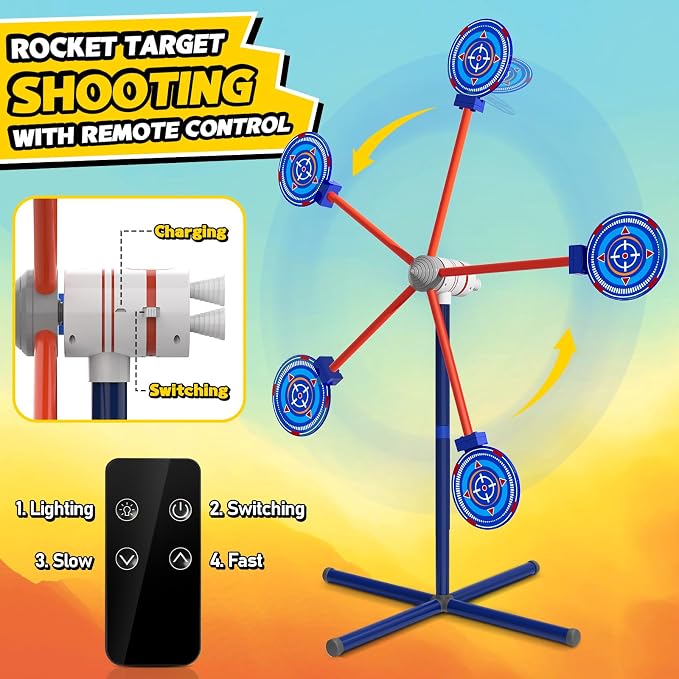 Rocket Shooting Games Toys with Rotating Target 2 Toy Guns 20 Foam Darts Kids Outdoor Toys for Boys Age 5 6 7 8 9 10+ Year Old Carnival Games Compatible with Nerf Guns