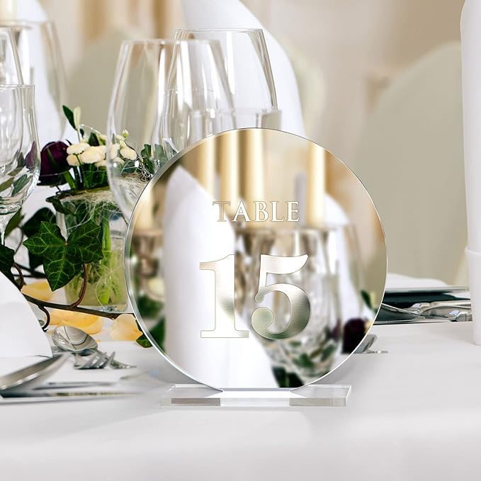Acrylic Wedding Table Numbers 1-25 with Stands,4.8"Round Mirror Silver Table Number Signs and Holders for Wedding Reception, Party, Event, Centerpiece Decoration