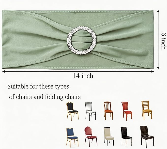 Pack of 100 Stretch Sage Green Chair Sashes for Wedding, Elastic Lycra Chair Bands with Buckle Slider, Spandex Chair Bows for Party, Without White Chair Covers (Sage Green)