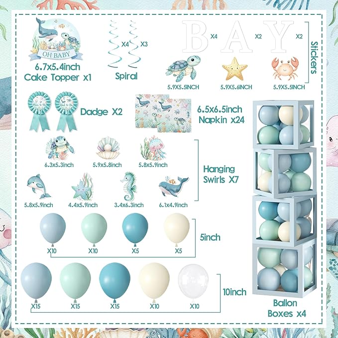 Sea You Soon Baby Shower Decorations, Under The Sea Party Decorations with Oh Baby Backdrop Banner Plates Napkins Ocean Tablecloth Balloon Arch Box for 1st Boy Birthday Party
