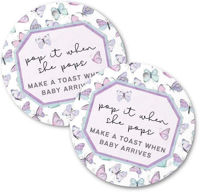 Pop It When She Pops Butterfly Tags | 30 pk, 2.5” Purple Labels for Champagne Mini Bottles Pink Bubbly Favor Hang for Baby Shower or Gender Reveal
