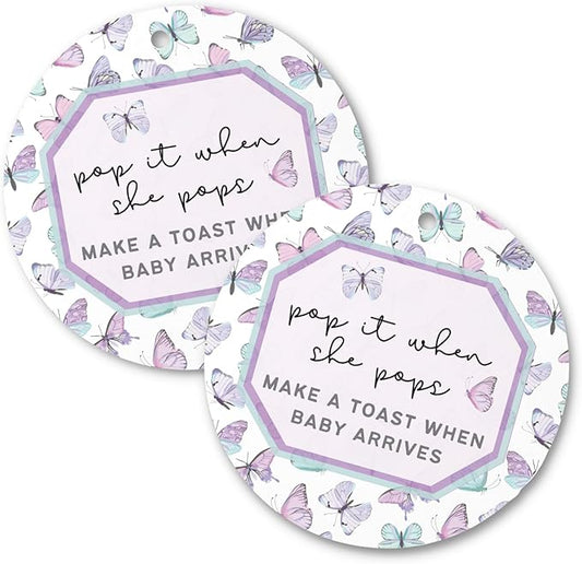 Pop It When She Pops Butterfly Tags | 30 pk, 2.5” Purple Labels for Champagne Mini Bottles Pink Bubbly Favor Hang for Baby Shower or Gender Reveal