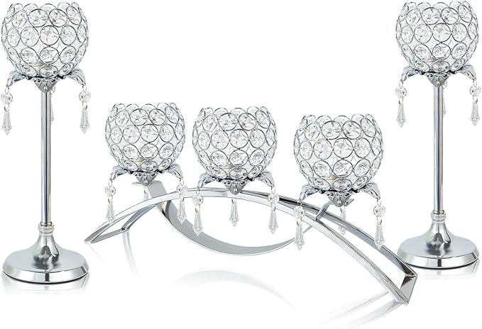 Set of 3 Silver Crystal Tea Light Candlestick Holders Flower Shape with Crystal Pendant Bowl Votive Metal Candle Holder for Table Centerpieces Wedding Home Decor