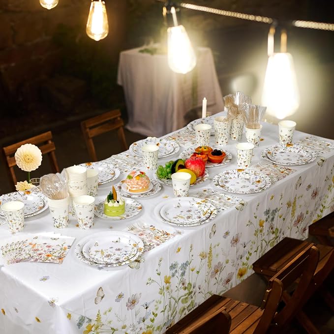 Ceenna 390 Pcs Wildflower Party Decorations for 48 Guests, Spring Floral Paper Plates Napkins Cups Tablecloth Cutlery Disposable Tableware Set for Flower Baby Shower Birthday Wedding Party Supplies