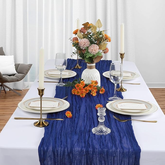 12 Pack Royal Blue Cheesecloth Table Runner 10Ft Gauze Cheese Cloth Table Runner 35x120 Inch Boho Sheer Rustic Fabric Runner for Decor Bridal Baby Shower Wedding Centerpiece Home Table Decoration