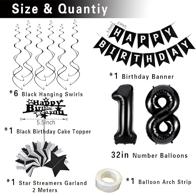 18th Birthday Decorations for Boy Girl, Black White and Silver Happy 18 Party Decor Set with 18 Number Foil Balloons, Banner, Cake Topper for Him Her