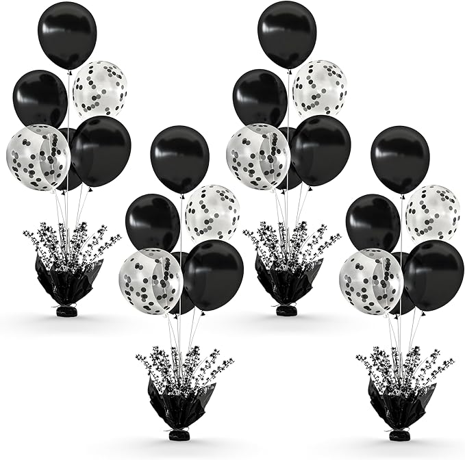 4 Set Black Table Balloons Foil Spray Centerpiece with Black and Confetti Balloons Stand Kit for Birthday Party Baby Shower Wedding Bridal Shower Prom Retirement Graduation Table Decorations