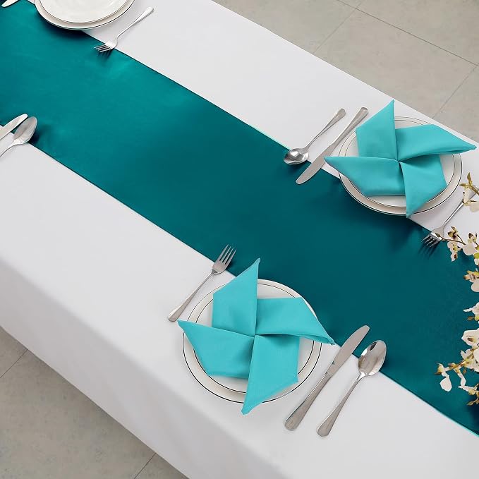 Horbaunal 12 Pack Teal Satin Table Runner 12 x 108 Inch, Smooth Table Runners for Wedding Banquets Birthday Party