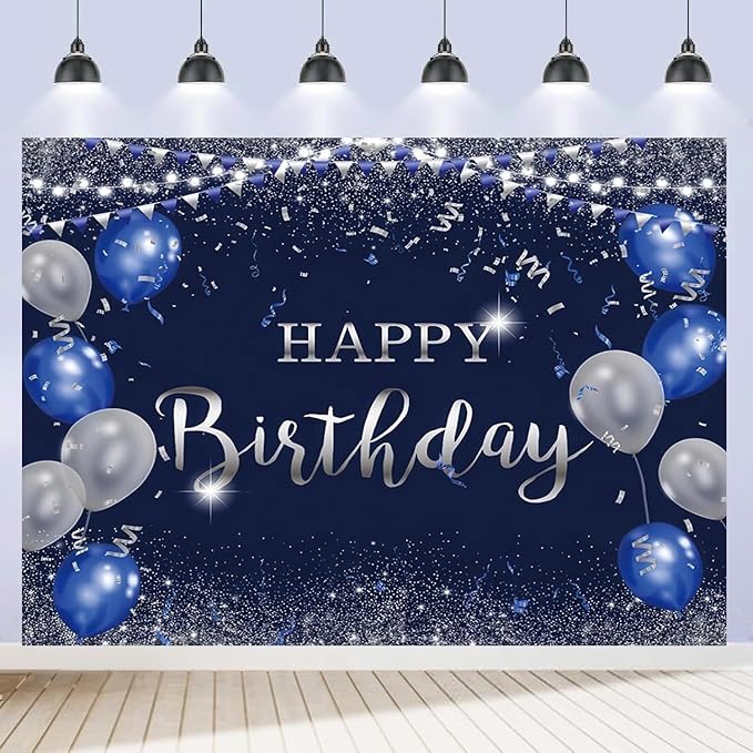 Happy Birthday Backdrop 7x5ft for Men Boys Navy Blue and Silver Happy Birthday Banner Decorations Large Birthday Party Photo Background Poster for Women Girls Supplies Polyester Fabric