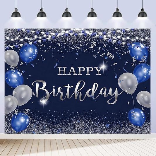 Happy Birthday Backdrop 7x5ft for Men Boys Navy Blue and Silver Happy Birthday Banner Decorations Large Birthday Party Photo Background Poster for Women Girls Supplies Polyester Fabric