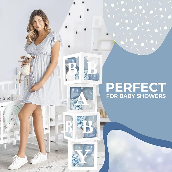 44-Piece Baby Shower Decorations for Boy or Girl - 4 Boxes with Letters and 32 Balloons - Dusty Blue and White (Boho Aesthetic) - Gender Reveal Party Supplies - Photo Shoot Backdrop