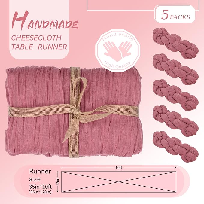 5 Packs Rustic Boho Table Runner, 35" x 120" Gauze Fabric in Dusty Rose for Wedding, Party & Shower Decor
