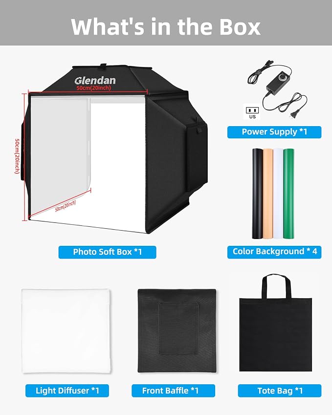 Glendan Portable Light Box Photography: 20"x 20" Upgrade Dimmable Photo Booth Soft Box with 1222 LED Lights - Photo Studio Box with 4 Color PVC Backdrops for Jewelry Product Photography