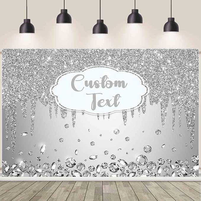 AIBIIN 10x7ft Personalized Customization Happy Anniversary Backdrop Silver Dripping Glitter Crystals Photography Background Cheers to Wedding Anniversary Party Decorations Banner Photo Props