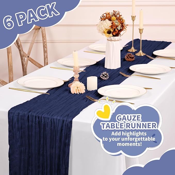 6 Pack Cheesecloth Table Runner,Navy Blue Table Runner Long Romantic Semi Sheer Rustic Boho Gauze Table Runners for Wedding Bridal Shower Birthday Party Decorations(17.7×108 Inch)