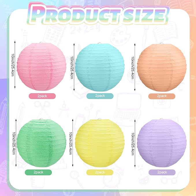 Retisee 12 Pcs 10 Inch Hanging Paper Lanterns Party Decorations Cute Pastel Classroom Decor for Birthday Back to School Party Decoration for Classrooms Wedding Birthday Ceilings