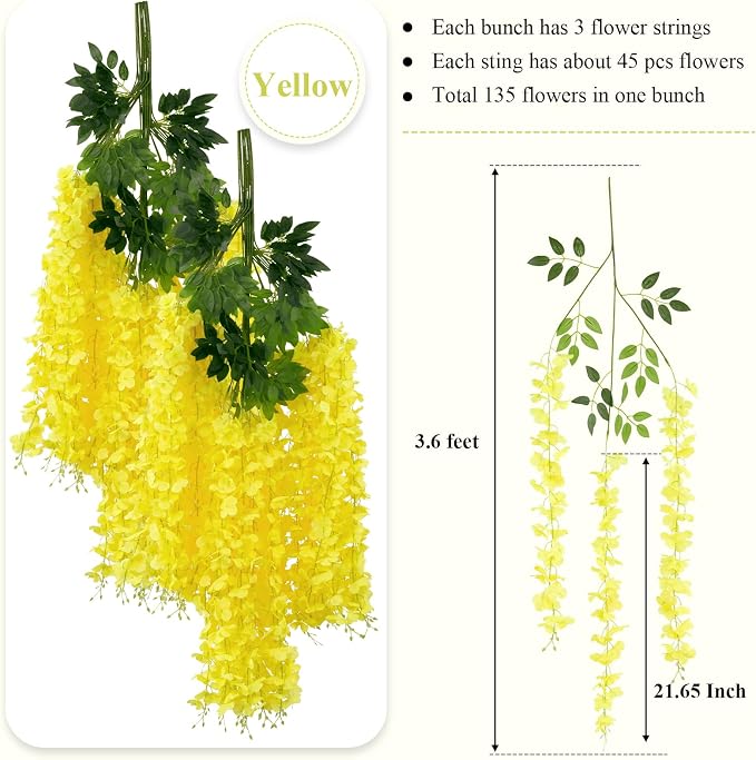 U'Artlines 24 Pack (Total 86.4 Feet) Artificial Fake Wisteria Vine Rattan Hanging Garland Silk Flowers String Home Party Wedding Decor (24,Yellow)