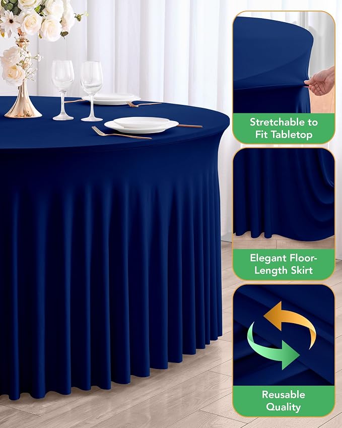 6 Pack Spandex Table Cover Skirts for 60 inch Round Tables, Navy Blue Stretch Table Cloths with Floor-Length Ruffle, Elastic Fitted Skirted Tablecloth for Elegant Wedding Banquet Party Buffet Deco