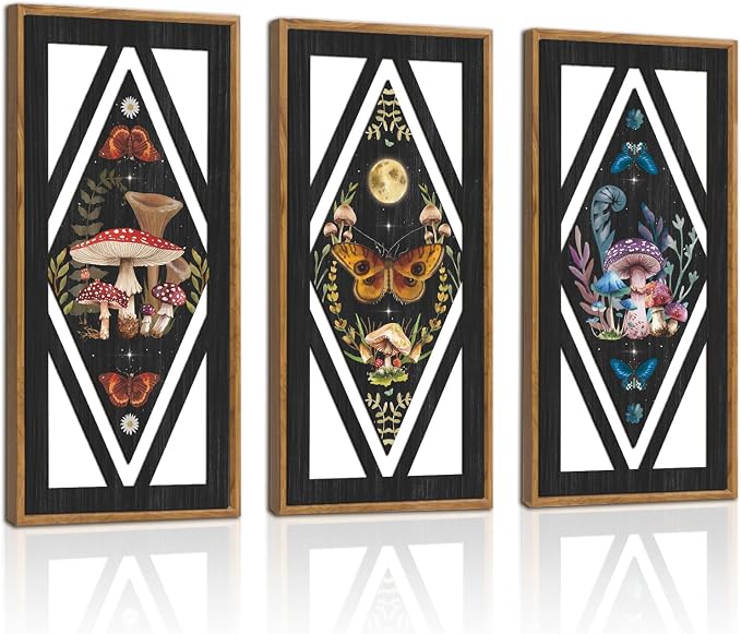 IARTTOP Framed Mushroom Butterfly Gothic Wall Art Set of 3 8"x16" Vintage Dark Academia Cottagecore Wood Wall Decor Witchy Moon Wild Botanical Boho Home Decor for Bedroom Farmhouse Living Room