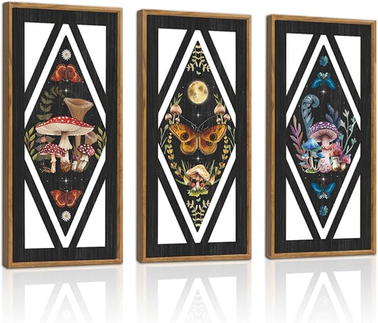 IARTTOP Framed Mushroom Butterfly Gothic Wall Art Set of 3 8"x16" Vintage Dark Academia Cottagecore Wood Wall Decor Witchy Moon Wild Botanical Boho Home Decor for Bedroom Farmhouse Living Room