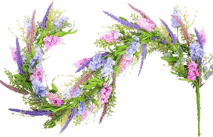 Giegxin 1 Pcs 6 ft Artificial Flower Garland with Lilac and Lavender Purple Pink Flower Fake Wisteria Vines Summer Greenery Eucalyptus Garland for Wedding Mantle Porch Stair Table Indoor Decor