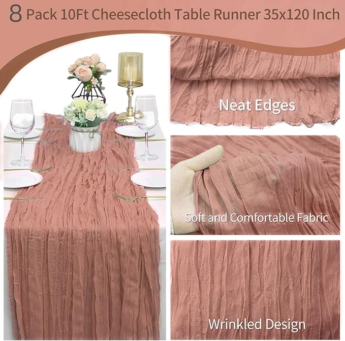 8 Pack Dusty Blush Cheesecloth Table Runner 10Ft Gauze Cheese Cloth Table Runner 35x120 Inch Romantic Boho Table Runners for Wedding Birthday Party Bridal Baby Shower Engagement Summer Home Decoration