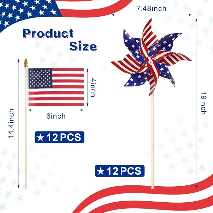 HOOSUN American Flags Patriotic Pinwheels,24 Pack 4th of July Decorations Small USA Flags On Stick With Fourth of July Pinwheels,Red White And Blue Memorial Day Decorations Patriotic Party Supplies