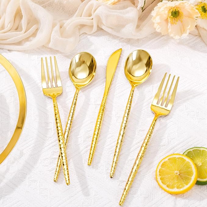 Supernal 360PCS Gold Plastic Silverware, Plastic Utensils Heavy Duty,Gold Silverware Disposable,Disposable Cutlery,Hammered Utensils Set Includes:120 Knives,Forks and Spoons for Party,Birthday,Wedding