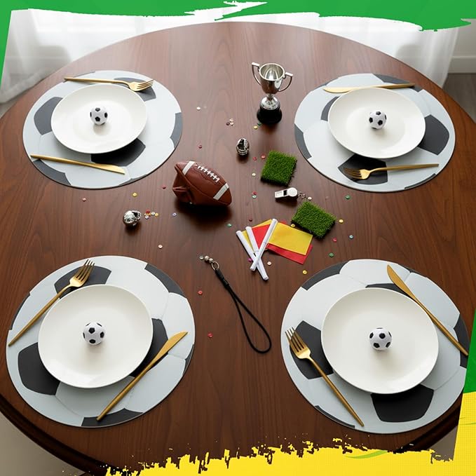 Remerry 14 Inch Leather Soccer Placemats Set of 6 Soccer Shape Table Mats for Sport Ball Birthday Party Decorations Heat Resistant Sport Ball Place Mat for Game Day Sportball Party Favors Kitchen