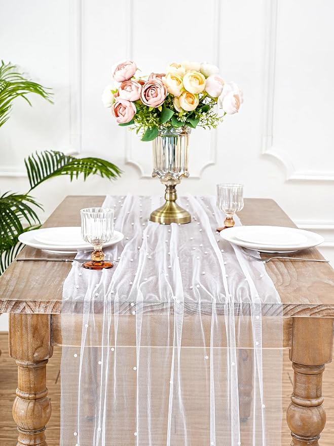 White Pearl Table Runner Tulle: 10ft Pearl Kitchen Linen 3pcs 29x120 Inch Sheer Gauze Fabric for Wedding Decor Birthday Party Dining Table Cover
