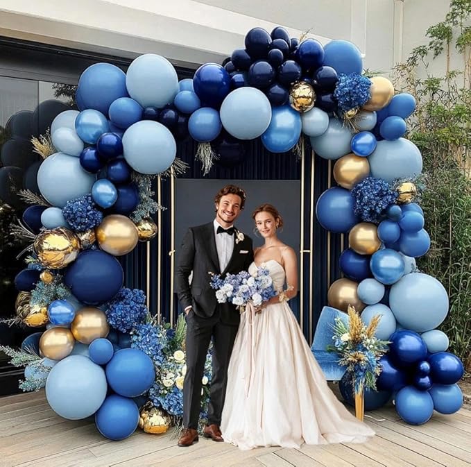 Navy Blue Gold Balloon Arch Kit Double Stuffed Royal Dusty Blue Gold Balloon Garland Latex Pastel Dark Different Sizes for Graduation Birthday Wedding Baby Shower Anniversary Father's Day Decor