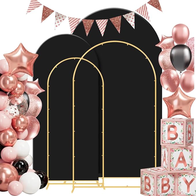 Gawicpy Wedding Arch Backdrop Stand Set Metal Arch Backdrop Stand with Wedding Arch Cover, Wedding Balloon Arch Backdrop Stand for Birthday, Baby Shower, Anniversary (Black, 5.9FT+7.2FT)