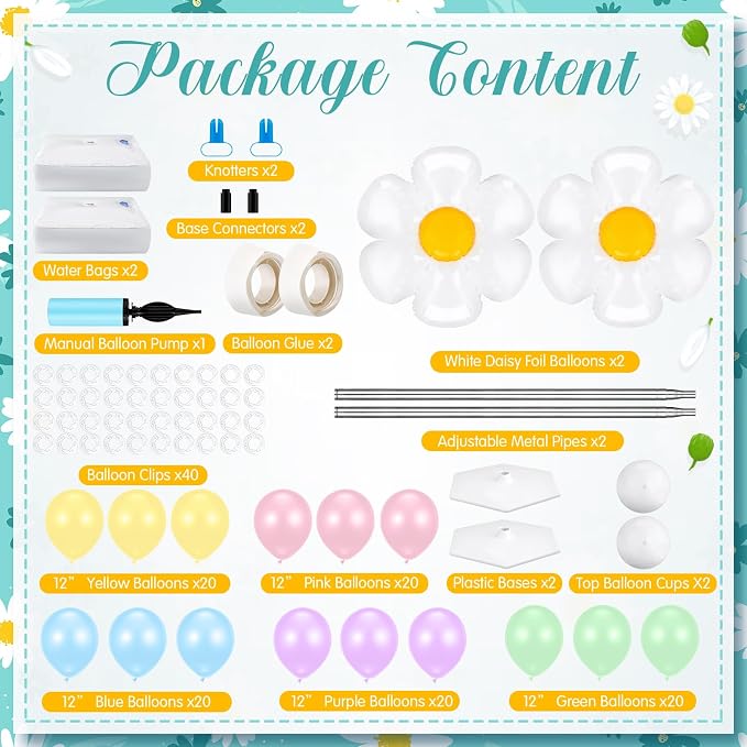Kasyat 2 Sets Daisy Pastel Party Balloon Column Stand Kit, Adjustable Groovy Balloon Arch Stand Kit for Macaron Boho Summer Daisy Floral Theme Easter Party Decoration
