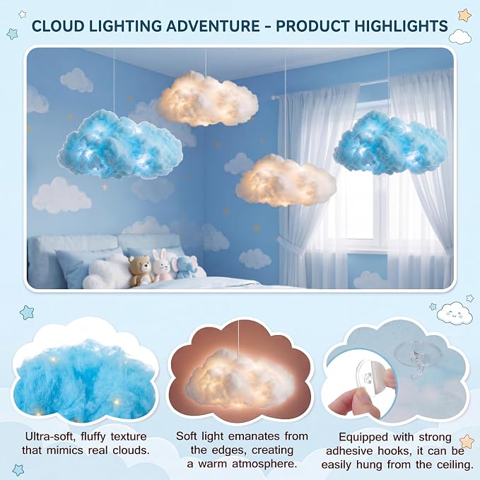 Lewtemi 8 Pcs Artificial Cloud Props with Lights 3D Fluffy Cotton Clouds Decorations 2 Sizes Hanging Clouds with Strings Hooks for Ceiling Room Wedding Party Classroom DIY Kit(White and Light Blue)