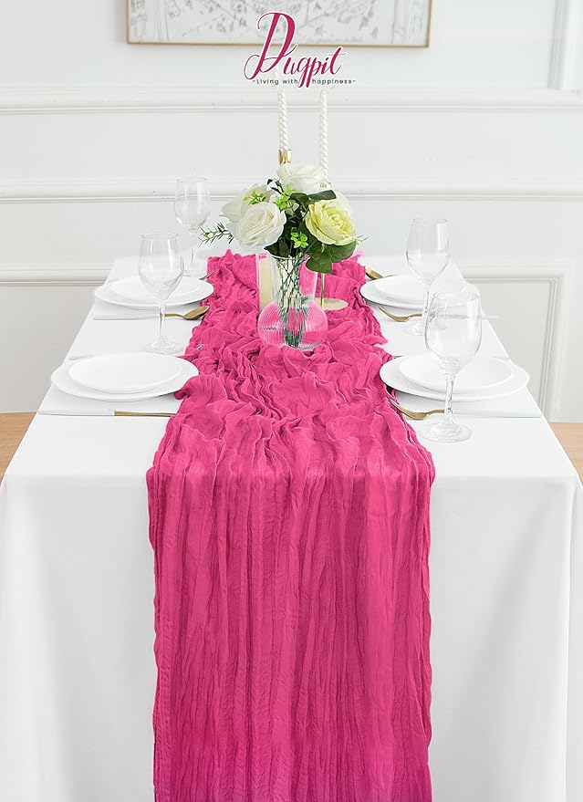 4Pack Hot Pink Cheesecloth Table Runner 10FT Gauze Hot Pink Cheese Cloth Table Runner 35x120Inch Long Boho Spring Easter Table Runners Rustic Sheer Table Runners for Wedding Baby Bridal Shower Decor