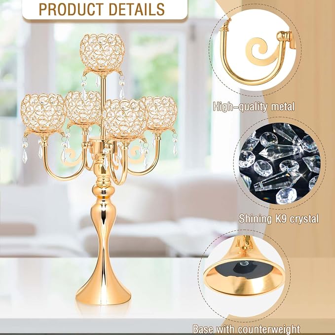 2Pcs Elegant 5-Arm Tea Light Crystal Candle Holder with Pendant Chain & Round Crystal Bowl - 22.5 Inch Tall Gold Wedding Table Centerpiece for Holiday Events, Parties & Home Decor