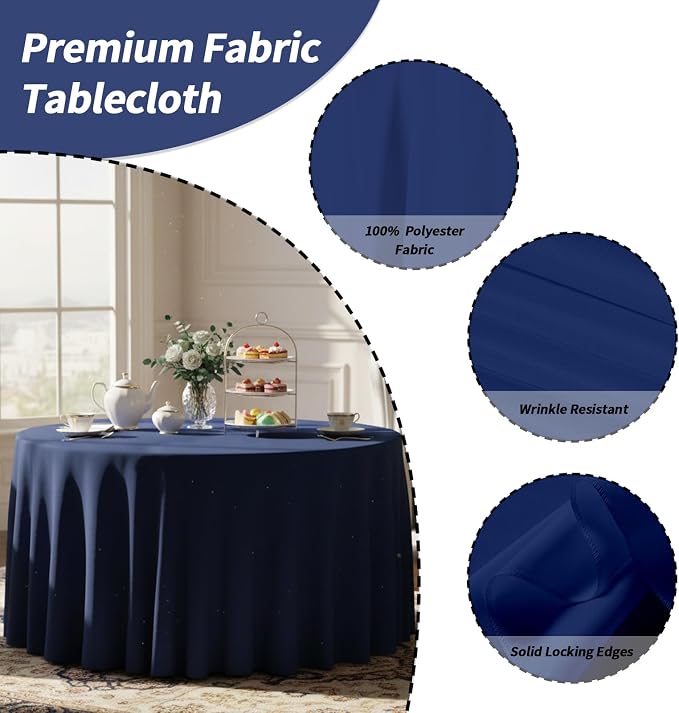 Fixwal 120 Inch Navy Blue Round Tablecloth, 6 Pack Round Table Cloth Polyester Fabric Washable Table Covers for Wedding, Party, Banquet, Dining, Birthday Events
