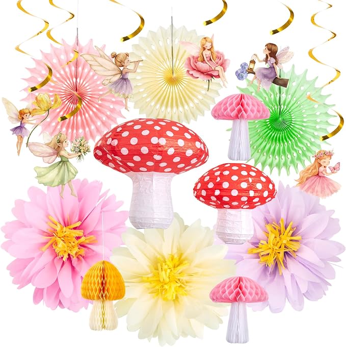 17PCS Fairy Birthday Party Decorations Set Fairy Themed Red Green Purple Pink Paper Mushroom Lantern Decor for Girls Birthday Decor Spring Tea Party Baby Shower