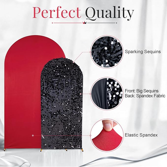 Red and Black Arch Covers 7.2 and 6FT Sequin Arch Backdrop Cover Set of 2, Spandex Fitted Bling Sequin Arch Stand Covers for Birthday Party Ceremony Baby Shower Banquet Decoration