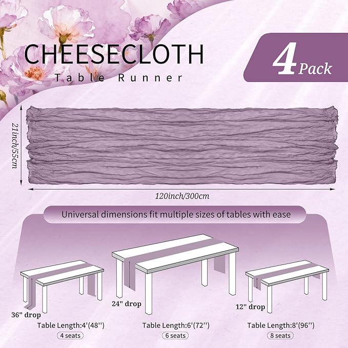 4 Pack Cheesecloth Table Runner 10FT Purple Table Runner Boho Gauze Cheese Cloth Table Runners Long Rustic Sheer Table Decorations for Wedding Party Baby Bridal Shower Birthday Holiday Home