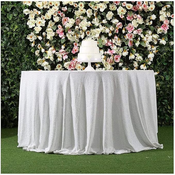 Sequin Tablecloth 132 inch Round Sparkly Table Cover Glitter Table Overlay for Party Dinner Festival Wedding Exhibition Dessert (White)