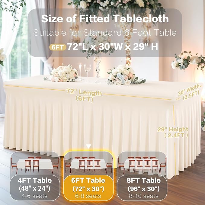Shillance 8 Packs Ivory Spandex Table Covers 6 Foot, Fitted Stretch Table Cloth with Skirts 72x30 Inch, Wrinkle-Free Floor Length Rectangle Tablecloths for Weddings Parties Banquets Events