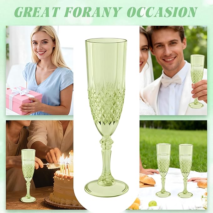 Plastic Champagne Flutes, Champagne Glasses Bulk, Reusable Unbreakable Acrylic Wine Glasses Goblets for Weddings Bachelor Parties Toasting Bridal Shower (24, Green)