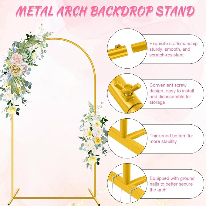 PLULON 7.2FT Metal Arch Backdrop Stand and Wedding Arch Cover Set Wedding Arched Frame Balloon Arch Backdrop Stand for Party Birthday Baby Shower Bridal Banquet Ceremony Decoration (Black Cover 7.2FT)