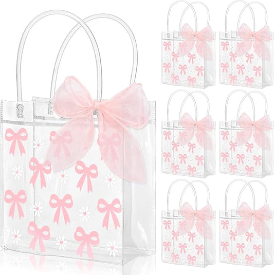 Whaline 12Pcs Pink Bow Clear PVC Gift Bags with Handle Ribbon Pink Coquette Bowknot Daisy Flower Party Favor Bag Treat Tote Bag for Mother's Day Valentine's Day Wedding Birthday Baby Shower Party