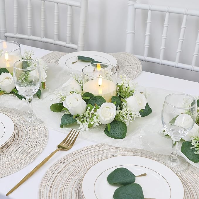 White Rose Candle Rings with Flameless Candles Sets - 4PCS Artificial Flower Eucalyptus Wedding Centerpiece 3 Inch Pillar Candleholders Wreaths for Wedding Party Decor (White - 2 Sets)