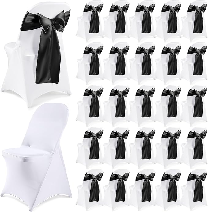Lounsweer 50 Pcs Folding Chair Cover Set with 25 Stretch Spandex Slipcovers 25 Satin Chair Sashes Bows Ribbon Washable Banquet Protector for Wedding Event Party(White, Black)